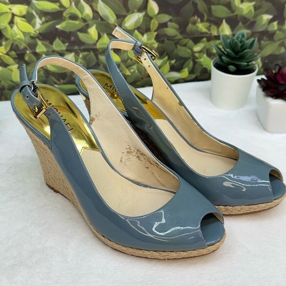 {MICHAEL | Michael Kors} Keegan Slingback Surf Blue Patent Leather Wedge Sandals - Picture 11 of 16